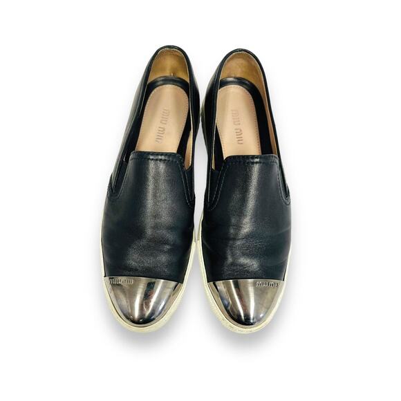 MIU MIU Black Leather Logo Metal Cap Toe Slip On Sneakers Shoes Size EU 36 US 6 - Picture 3 of 10